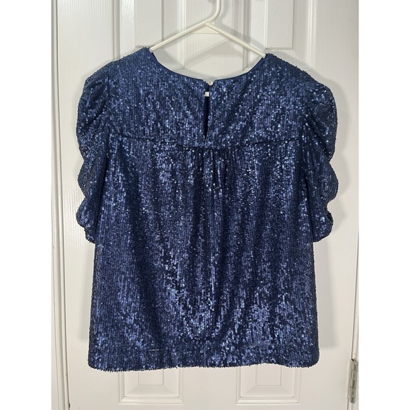 Anthropologie Sequin Puff-Sleeve Blouse Royal Blue short sleeve Sz 8 - Picture 3 of 7